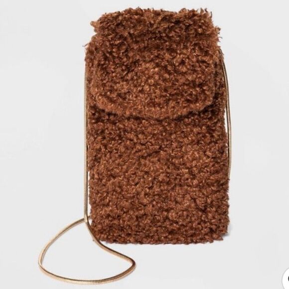 NWT A New Day Brown Fuzzy Party Phone Crossbody Small Bag Beautiful & Functional - Picture 1 of 3